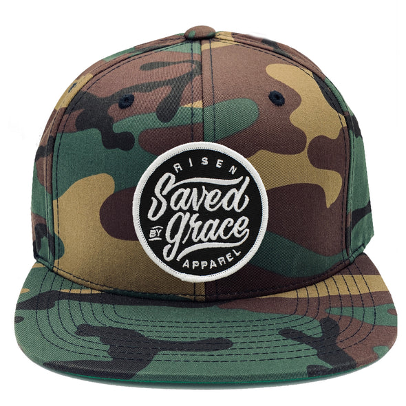 Saved by grace risen apparel christian snabpack camo army military hat