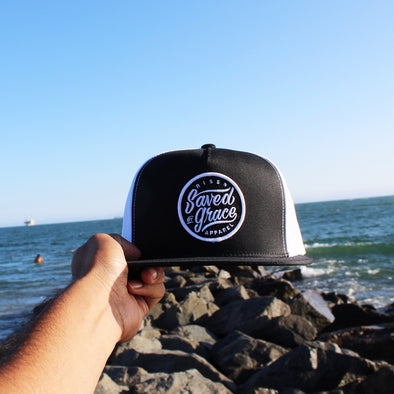 Saved by grace black and white trucker hat