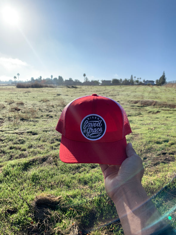 Saved by grace red trucker hat