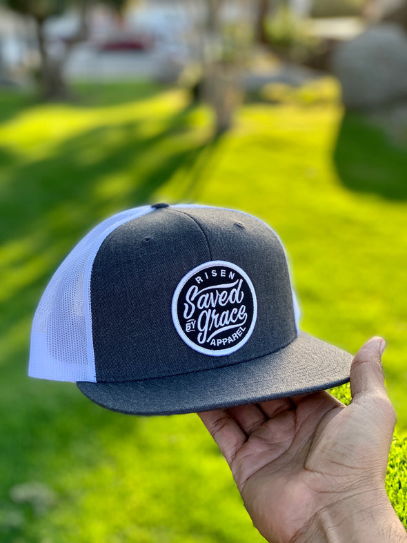Saved by grace white & gray trucker hat