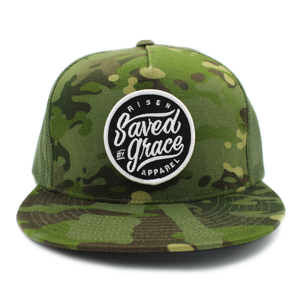 saved by grace -risen apparel camo army trucker hat